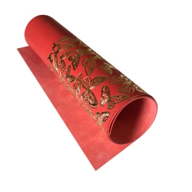 Piece of PU leather with gold stamping Golden Butterflies Red