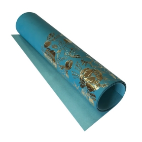 Piece of PU leather with gold stamping Golden Peony Passion Bright Blue