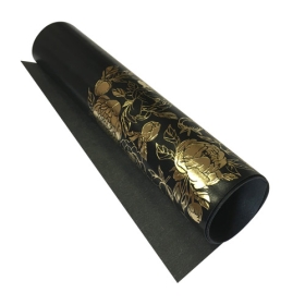 Piece of PU leather with gold stamping Golden Peony Passion Glossy Black