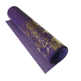 Piece of PU leather with gold stamping Golden Peony Passion Violet