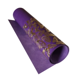 Piece of PU leather with gold stamping Golden Butterflies Violet